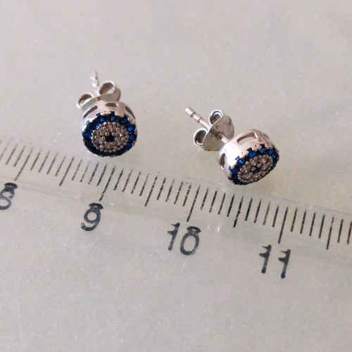 925 Ayar Gümüş Mini Nazar Boncuğu Zirkon Taşlı Çivi Küpe