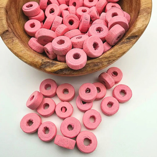Pembe Ahşap Rondela Kesim Boncuk 8 mm (200 Adet)