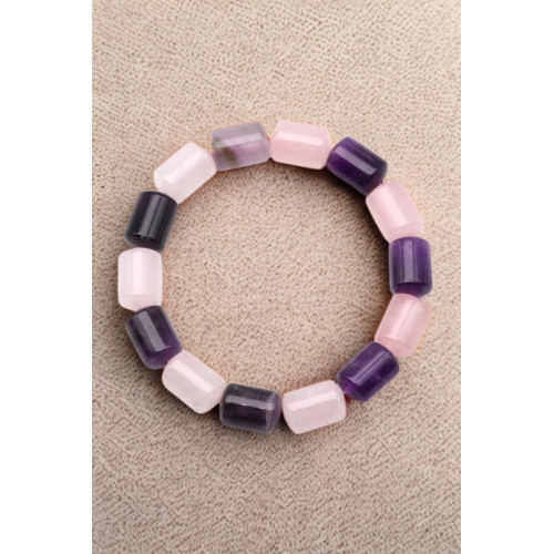 A Kalite Ametist ve Pembe Kuvars Doğal Taş Bileklik - 10 x 14 mm Silindir Kesim