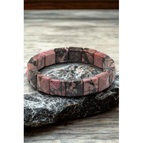 Rodonit Doğal Taş Bileklik - 12x12 mm Özel Kare Kesim