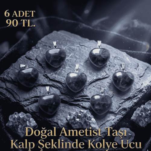 Doğal Ametist Taşı Kalp Şeklinde Kolye Ucu - 6 Adet