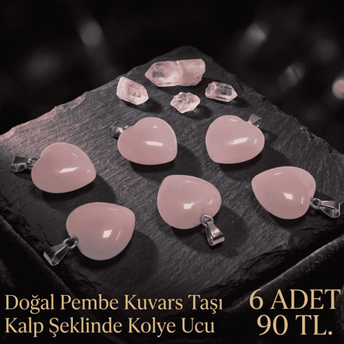 Doğal Pembe Kuvars Taşı Kalp Şeklinde Kolye Ucu - 6 Adet
