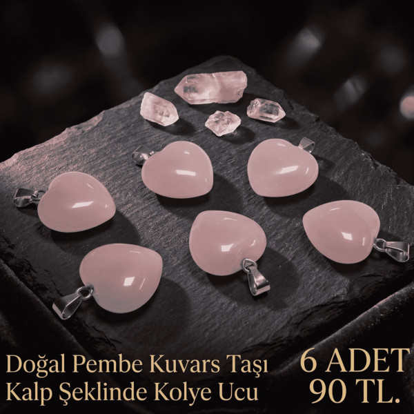 Doğal Pembe Kuvars Taşı Kalp Şeklinde Kolye Ucu - 6 Adet