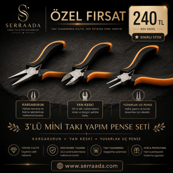 3'lü Mini Takı Yapım Pense Seti | Kargaburun, Yan Keski ve Yuvarlak Uç Pense