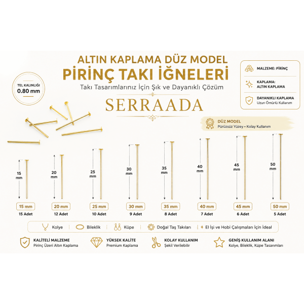 Altın Kaplama Düz Model Pirinç Takı İğnesi 0,80 mm – 15/20/25/30/35/40/45/50 mm