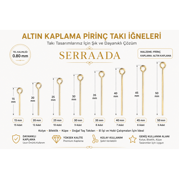 Altın Kaplama Pirinç Takı İğnesi 0,80 mm – 15/20/25/30/35/40/45/50 mm Altın Kaplama Pirinç Takı İğnesi 0,80 mm – 15/20/25/30/35/40/45/50 mm