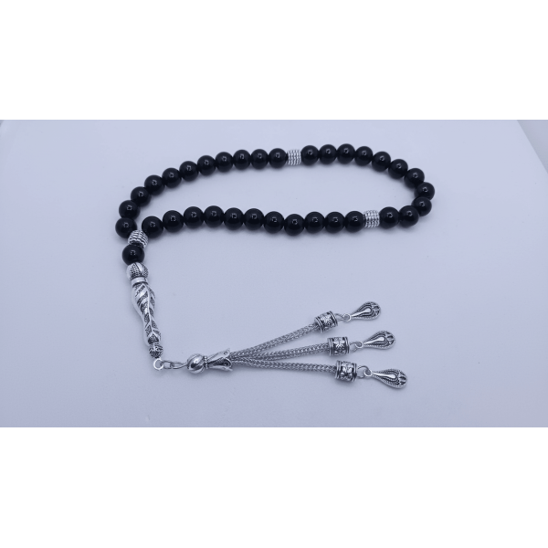 Oniks Taşı 33’lü Tesbih | Gümüş Kaplama Metal Detaylı Özel Tasarım