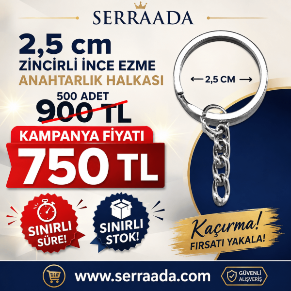 2,5 cm Zincirli İnce Ezme Anahtarlık Halkası Gümüş Renk – 500 Adet 2,5 cm Zincirli İnce Ezme Anahtarlık Halkası Gümüş Renk – 500 Adet