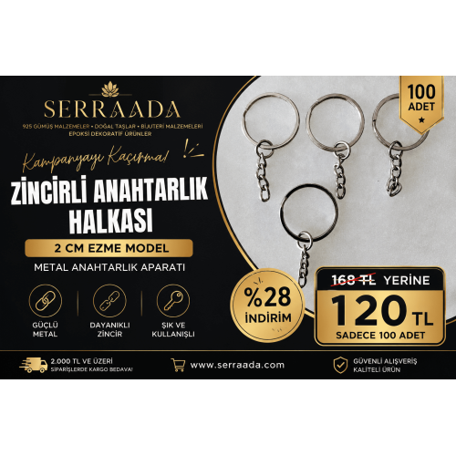 2 cm İç Çap Ezme Model Zincirli Anahtarlık Halkası – Metal Anahtarlık Aparatı (100 Adet) | Nikel