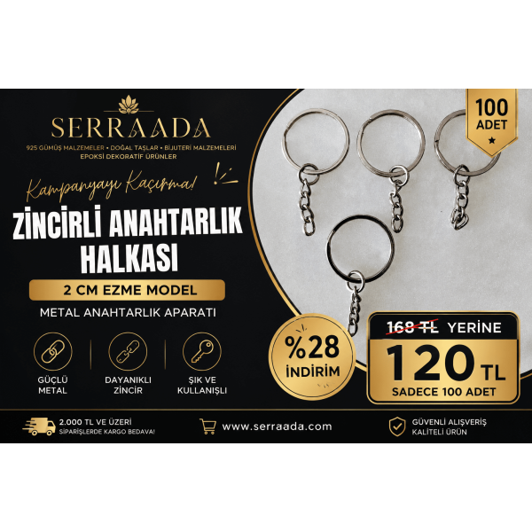 2 cm İç Çap Ezme Model Zincirli Anahtarlık Halkası – Metal Anahtarlık Aparatı (100 Adet) | Nikel