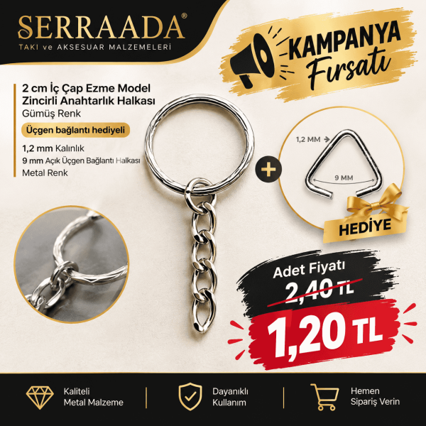 2 cm İç Çap Ezme Model Zincirli Anahtarlık Halkası Gümüş Renk + Üçgen Bağlantı Hediyeli