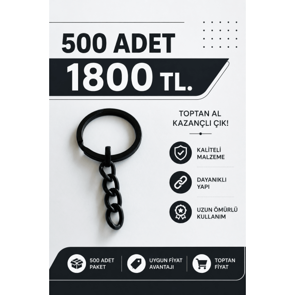2,5 cm Ezme Model Zincirli Anahtarlık Halkası Siyah Metal Aparat – 500 Adet