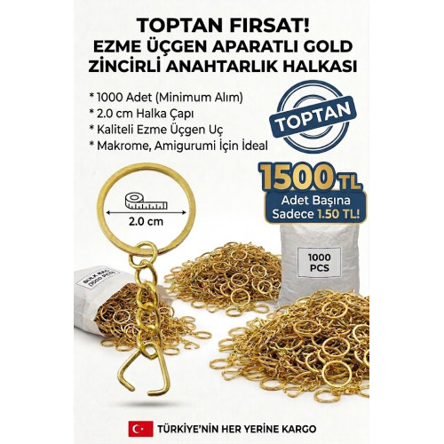 1000 Adet Ezme Üçgen Aparatlı Gold Renk Zincirli Anahtarlık Halkası (2 cm Çap)
