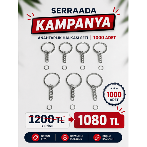1000 Adet Anahtarlık Halkası Seti – Zincirli Metal Anahtarlık Aparatı – Nikel Kaplama – SERRAADA