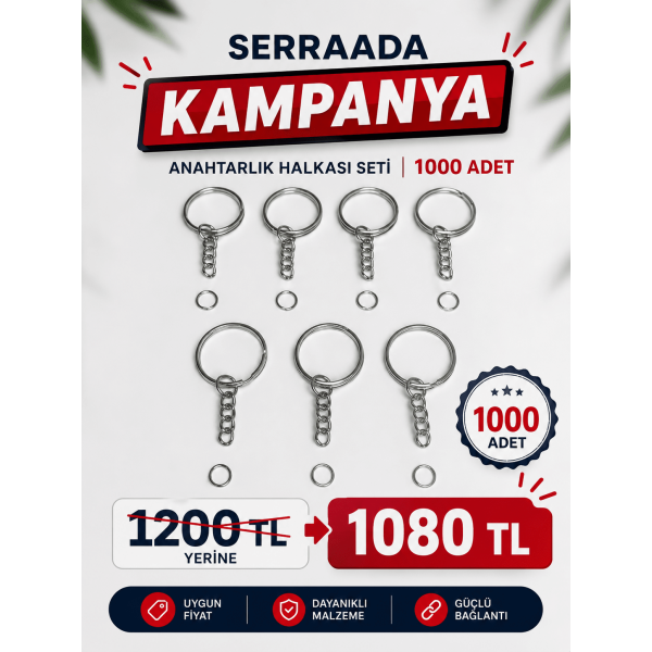 1000 Adet Anahtarlık Halkası Seti – Zincirli Metal Anahtarlık Aparatı – Nikel Kaplama – SERRAADA