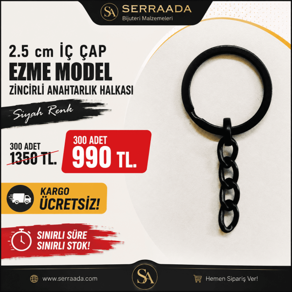 2.5 cm İç Çap Ezme Model Zincirli Anahtarlık Halkası Siyah Renk – 300 Adet 2.5 cm İç Çap Ezme Model Zincirli Anahtarlık Halkası Siyah Renk – 300 Adet