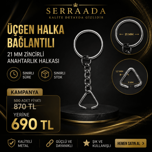 21 mm Zincirli Anahtarlık Halkası Üçgen Halka Bağlantılı Nikel Renk - 500 Adet